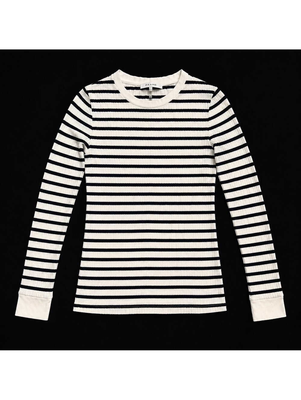 FRAME Women’s L Ivory Navy Striped Ribbed Long Sleeve Crewneck Top